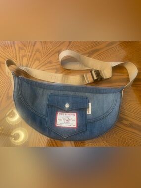 True Religion Blue Denim Crescent Belt Bag with Beige Strap
